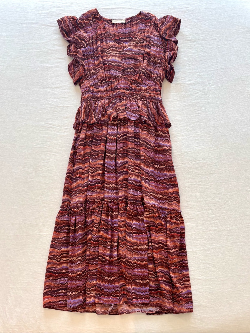 NWOT Ulla Johnson Bendetta Ruffled Tiered Midi Dress in Purple Burgundy Multi